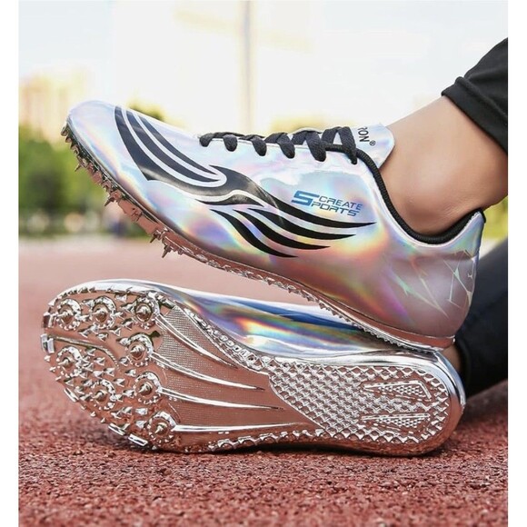 Thestron Track Spikes Shoes Men's Size 11 Silver Holographic Sprint Racing NWOB - Picture 2 of 13